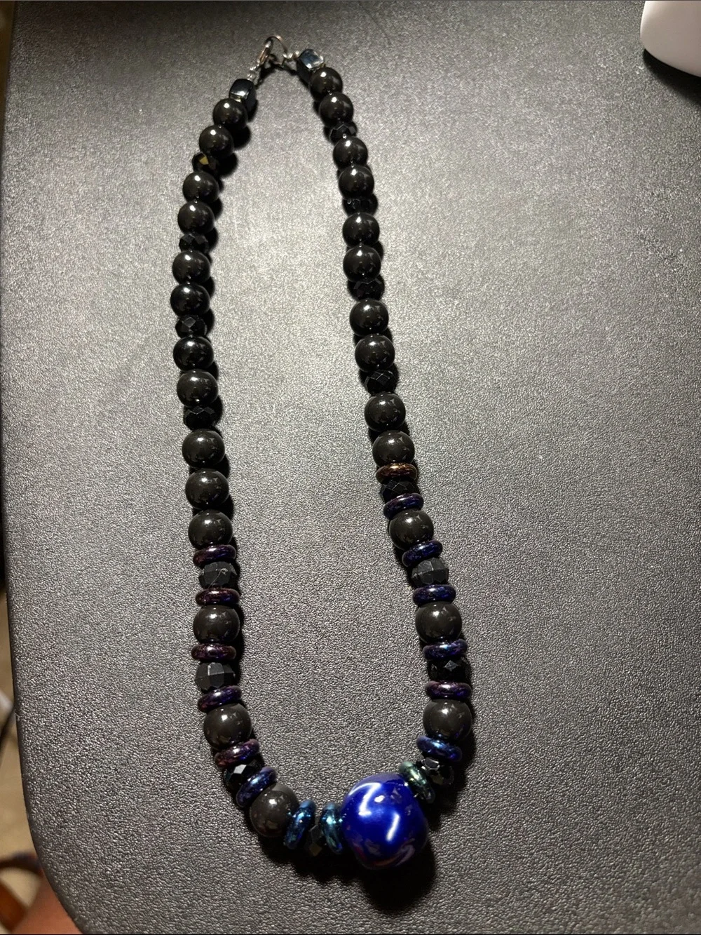 Black and Blue Beaded Necklace with Statement Blue Focal Bead